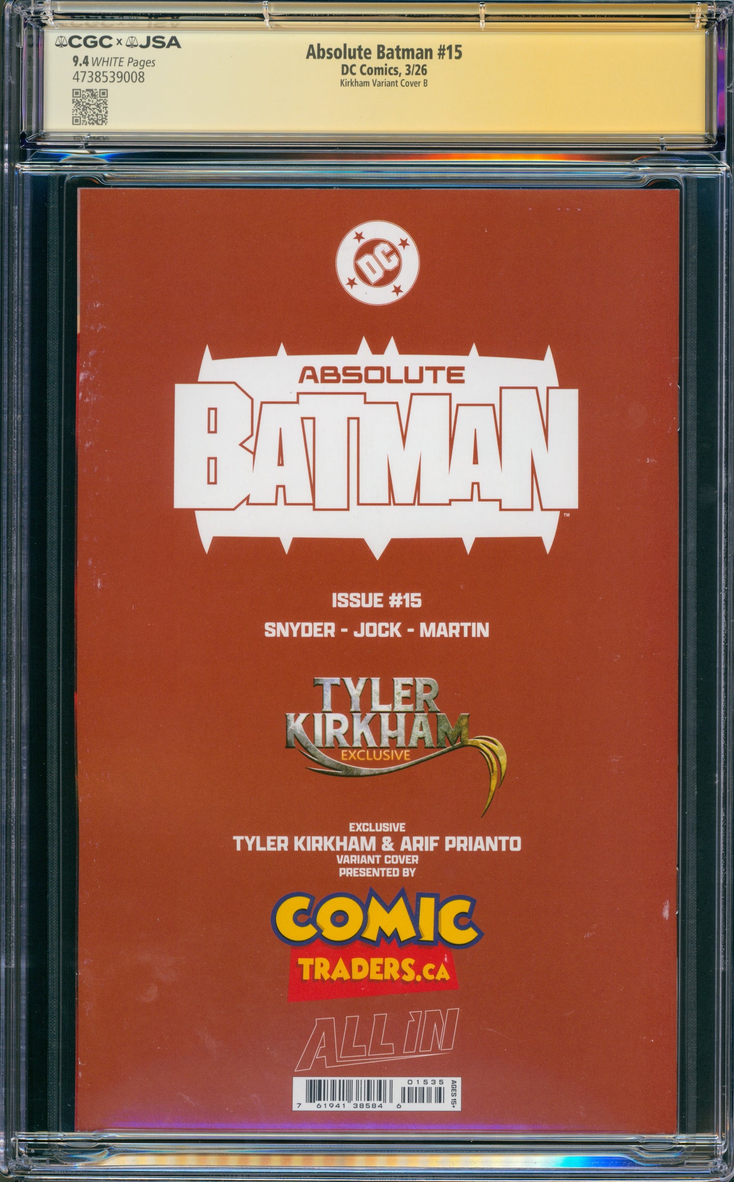 ABSOLUTE BATMAN #15 CGC 9.4 VIRGIN (SIGNED TYLER KIRKHAM ARTIST SIG!)
