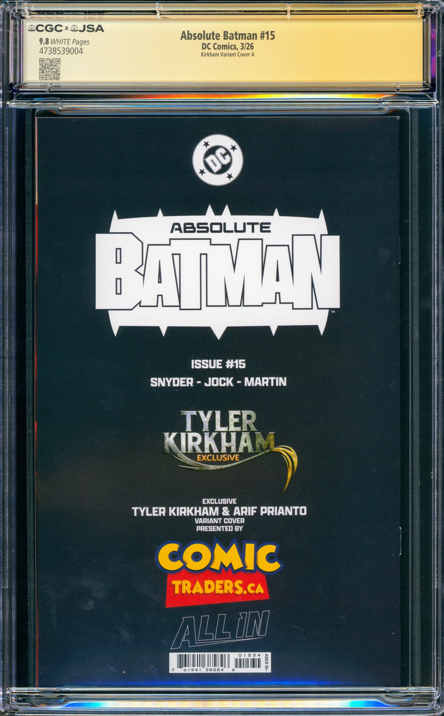ABSOLUTE BATMAN #15 CGC 9.8 (SIGNED TYLER KIRKHAM ARTIST SIG!)