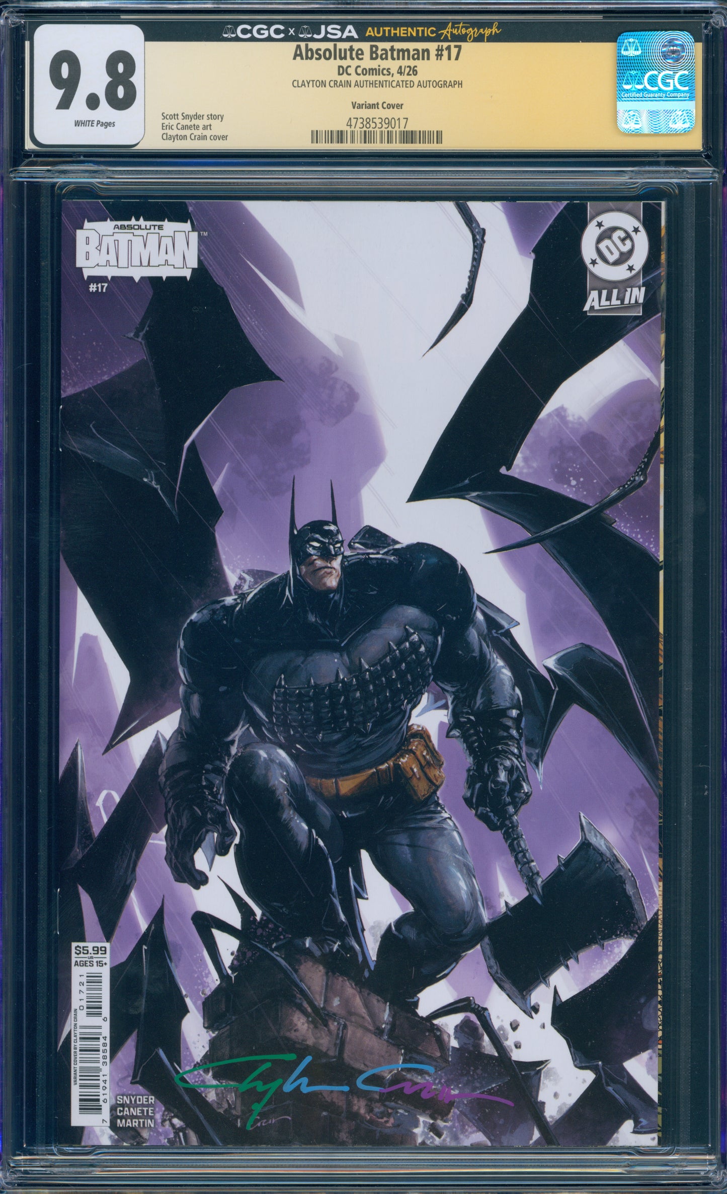 ABSOLUTE BATMAN #17 CGC 9.8 SIGNED (CLAYTON CRAIN INFINITY SIGNATURE)