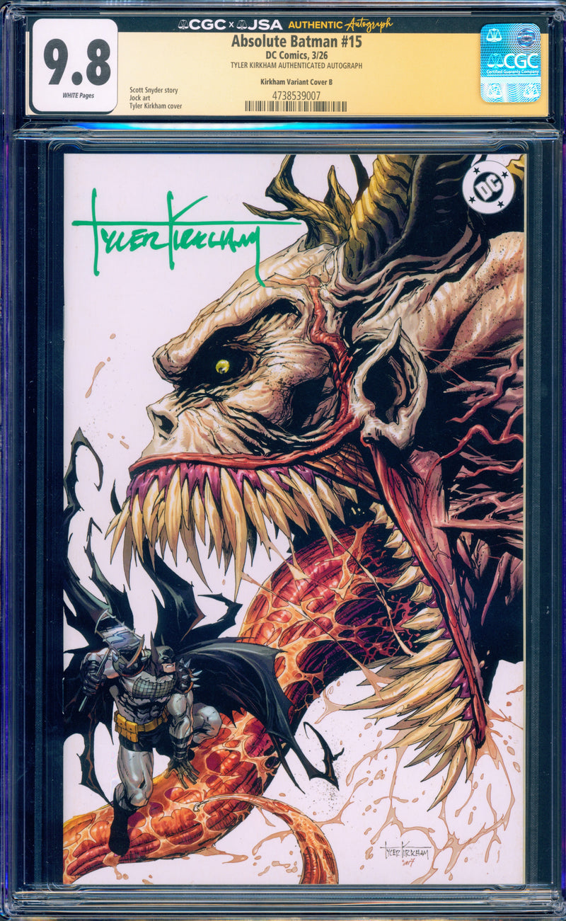 ABSOLUTE BATMAN #15 CGC 9.8 VIRGIN SIGNED TYLER KIRKHAM ARTIST SIG!