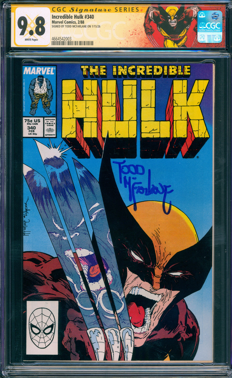 INCREDIBLE HULK #340 CGC 9.8 VS WOLVERINE SIGNED TODD MCFARLANE