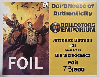 ABSOLUTE BATMAN #21 VIRGIN FOIL COVER LTD 500 BILL SIENKIEWICZ W/COA (Copy)