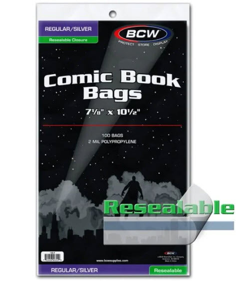 BCW Resealable Silver/Regular Bags for Comics 100 Count - 7 ⅛" x 10 ½"